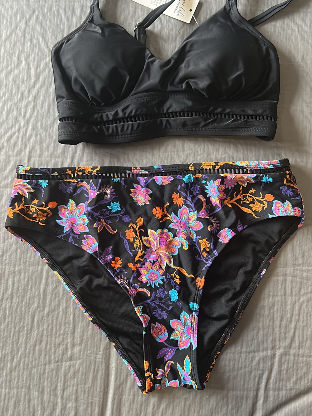 Cupshe Black Floral Bikini Set with Purple, Orange & Teal Accents